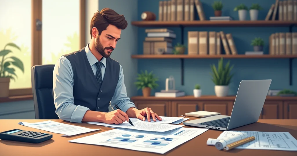 Assistente técnico sentado à mesa analisando documentos técnicos com laptop e laudo à sua frente