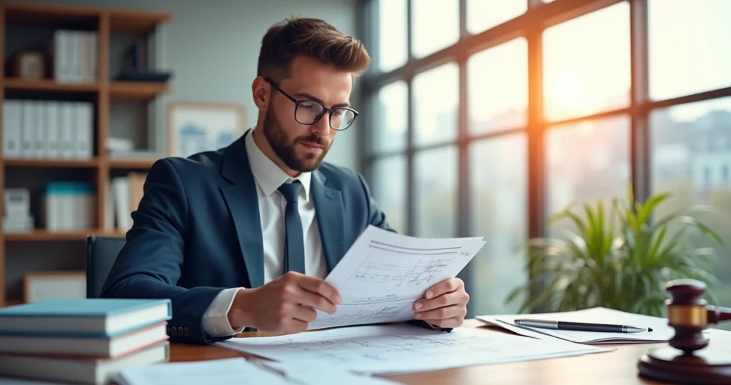 Profissional de engenharia analisando documentos técnicos em escritório judicial