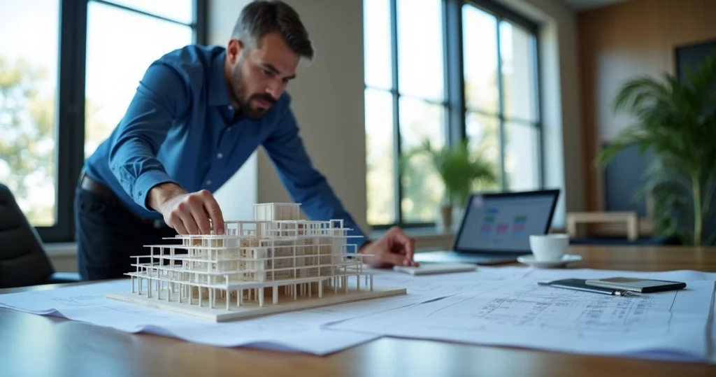 Engenheiro consultivo analisando plantas de projeto técnico em escritório moderno com maquete de edifício