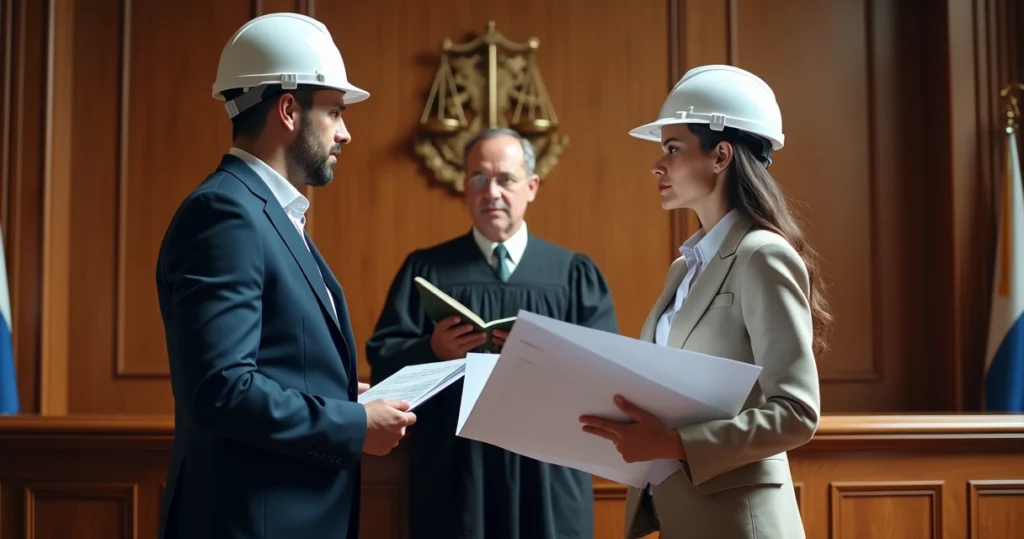 Engenheiro e arquiteto conversando com juiz segurando código civil em tribunal moderno