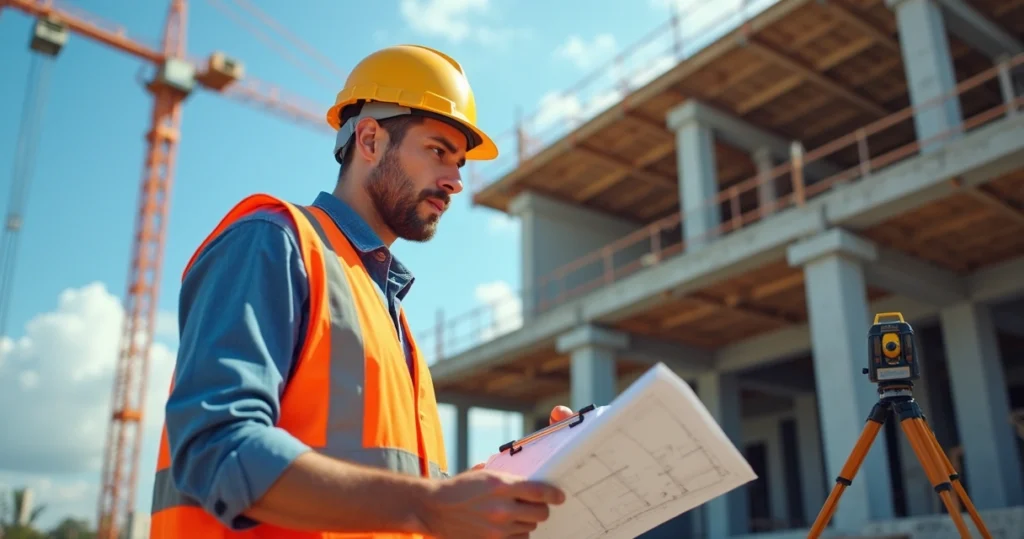 Engenheiro perito realizando análise técnica em obra com prancheta e equipamentos de medição