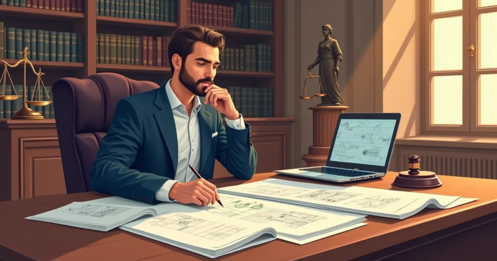 Profissional em escritório judicial analisando documentos técnicos e judiciais