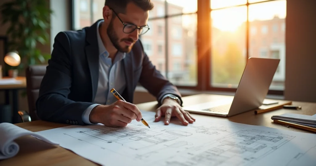 Engenheiro analisando documentos técnicos e laudo pericial em mesa de escritório iluminada
