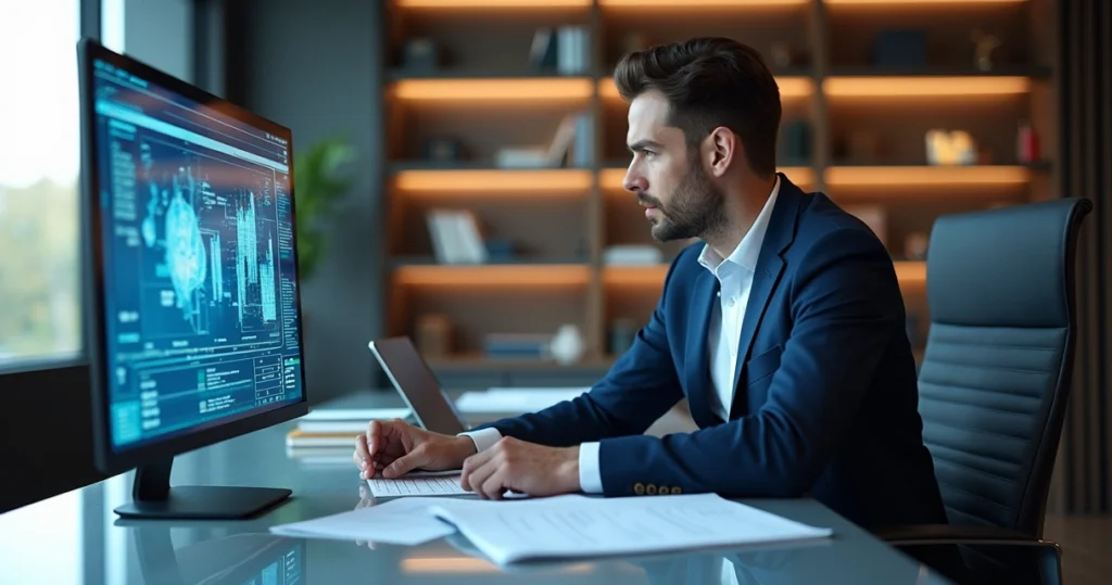 Perito especializado analisando documentos técnicos e digitais em ambiente moderno de escritório