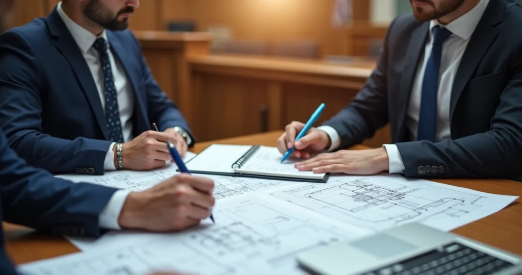Mesa de trabalho com perito judicial e assistente técnico analisando documentos técnicos de engenharia