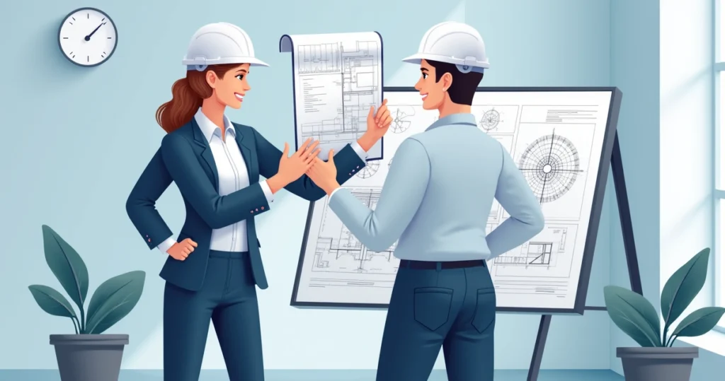 Engenheiro analisando projeto técnico em prancheta com blueprint ao fundo