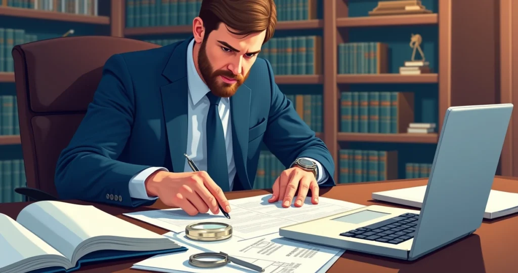 Perito judicial analisando documentos técnicos em escritório formal com livro de leis e laptop