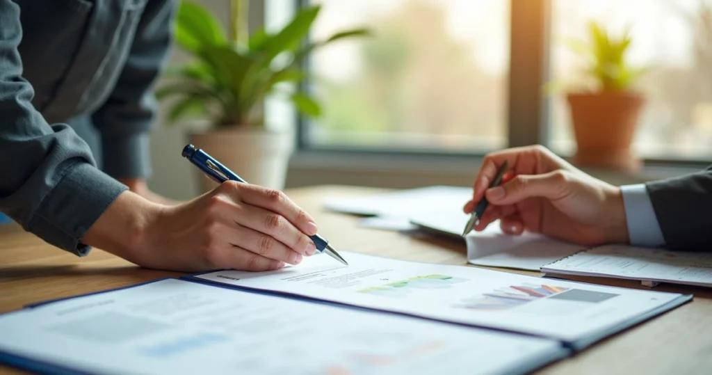 Engenheiro judicial analisando plantas técnicas e documentos em mesa de escritório