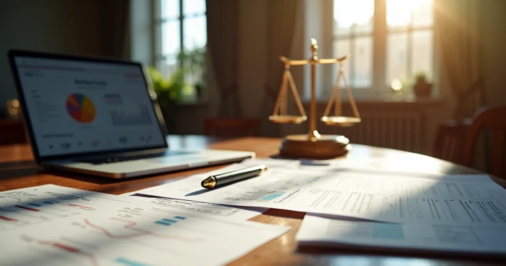 Mesa elegante com documentos, laptop aberto mostrando gráficos e uma balança da justiça ao fundo