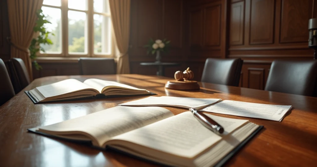 Mesa de reunião formal com documentos jurídicos, advocacia e tribunal ao fundo