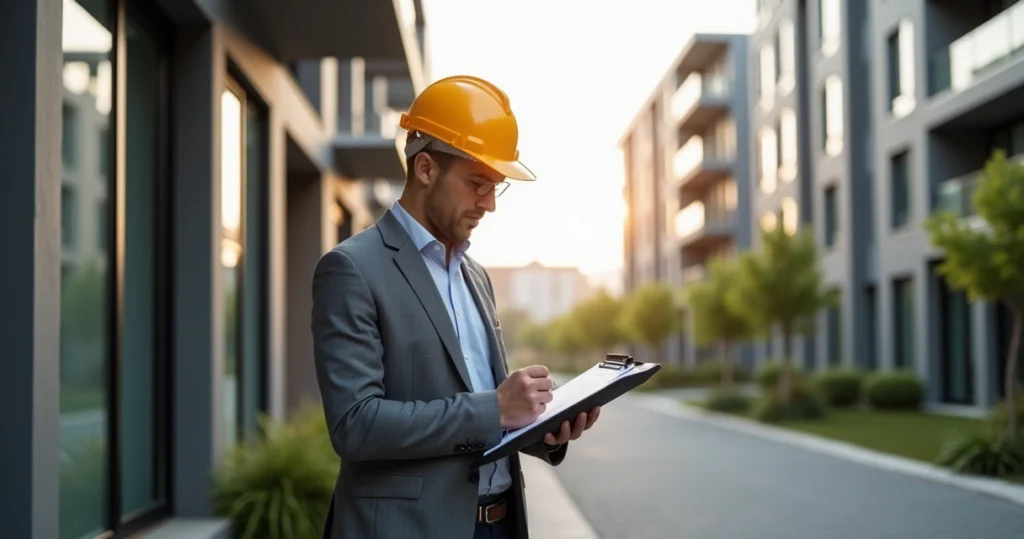 Engenheiro realizando vistoria técnica detalhada em imóvel urbano ao lado de outra construção