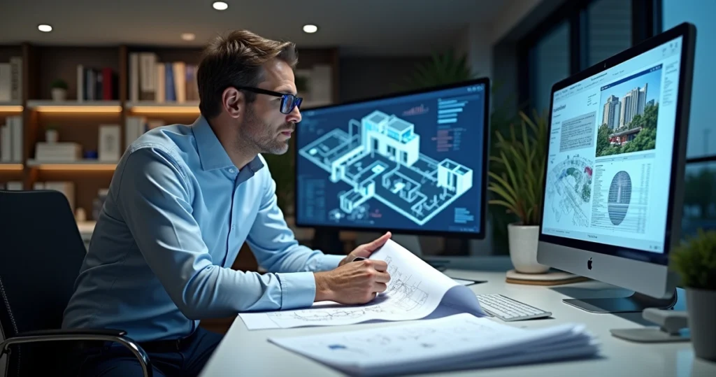 Engenheiro analisando documentos técnicos e plantas em escritório moderno com tela digital mostrando gráficos e imagens prediais