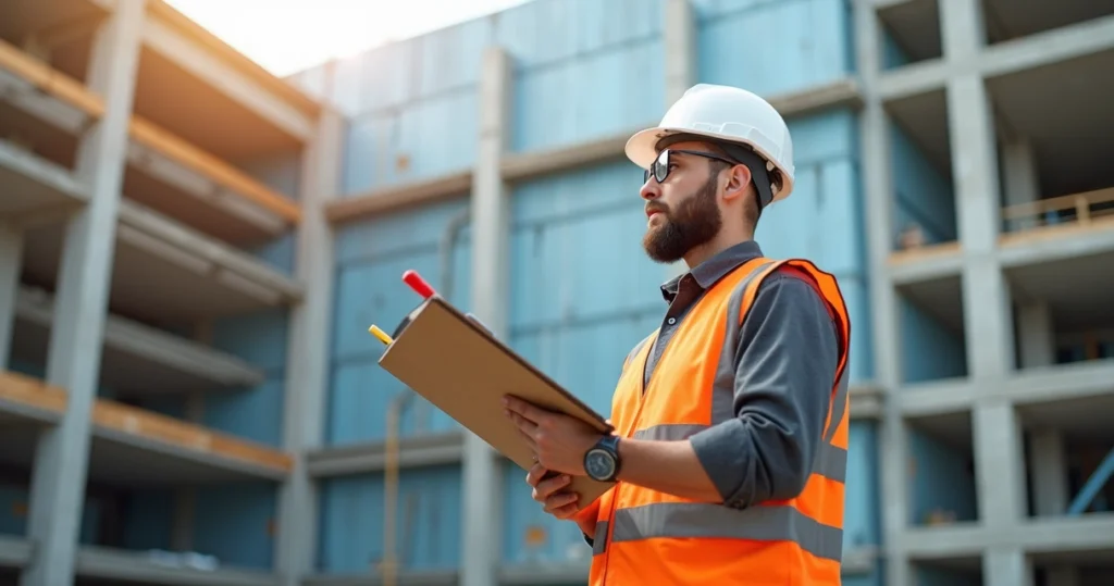 Engenheiro inspecionando obra com prancheta e equipamentos de medição em canteiro de construção moderno
