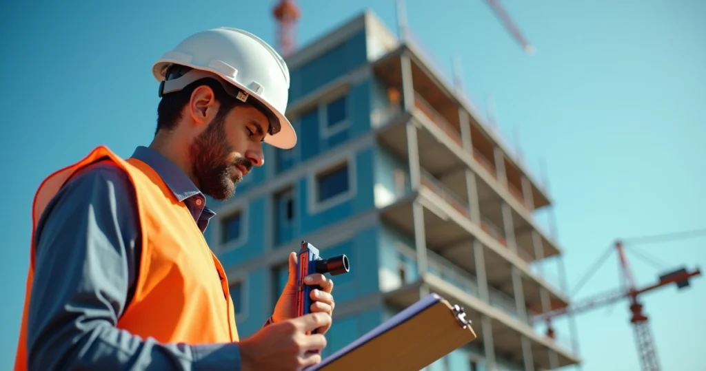 Engenheiro técnico realizando vistoria detalhada em obra com equipamentos de medição e prancheta