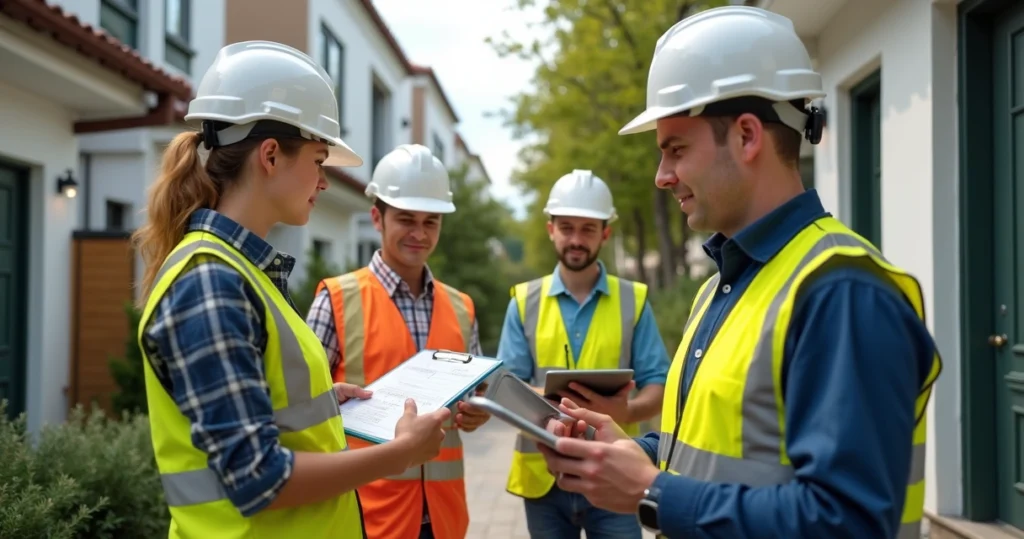 Engenheiros realizando diferentes níveis de vistoria cautelar em imóveis com equipamentos técnicos de medição e análise