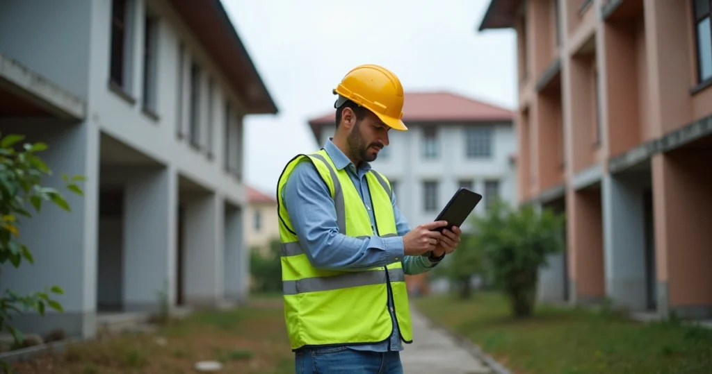 Engenheiro realizando vistoria cautelar em área urbana com edifícios ao fundo, tablet na mão, analisando paredes e estrutura externa da edificação durante inspeção detalhada