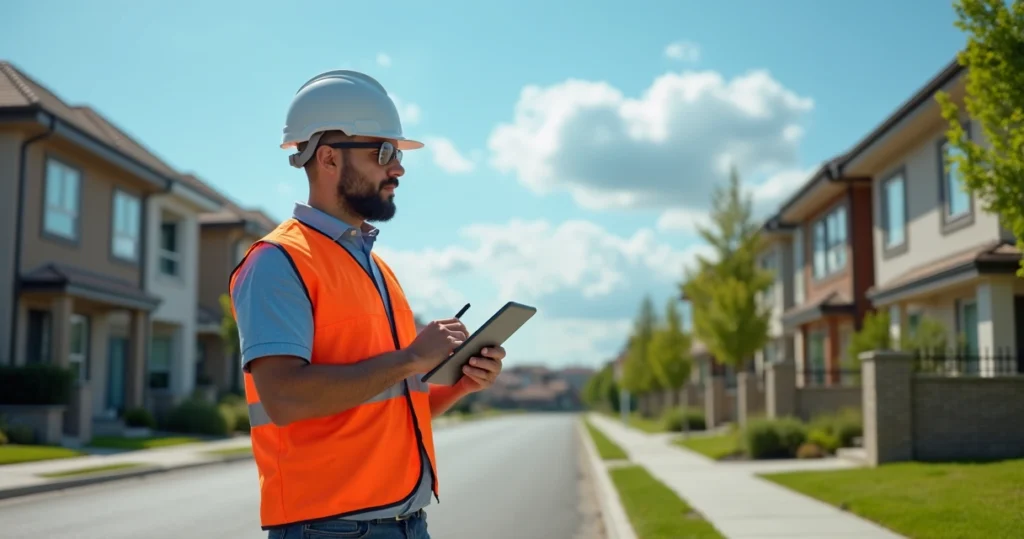 Engenheiro realizando vistoria cautelar em área residencial com tablets e anotações detalhadas