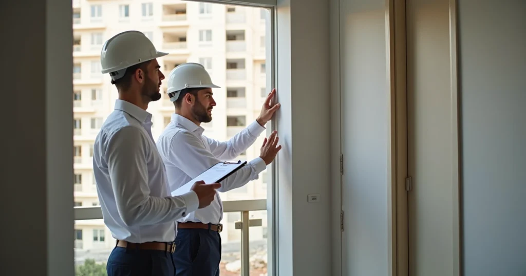 Engenheiro vistoriando imóvel com prancheta, obra concluída ao fundo e comprador conferindo detalhes