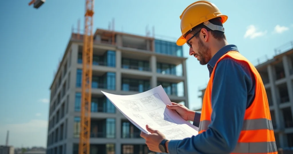 Engenheiro analisando plantas e anotando detalhes durante vistoria técnica em obra com construção ao fundo