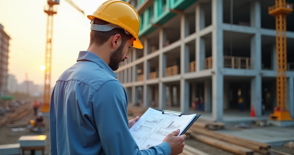 Engenheiro analisando documentos e planta de obra em canteiro de construção moderno