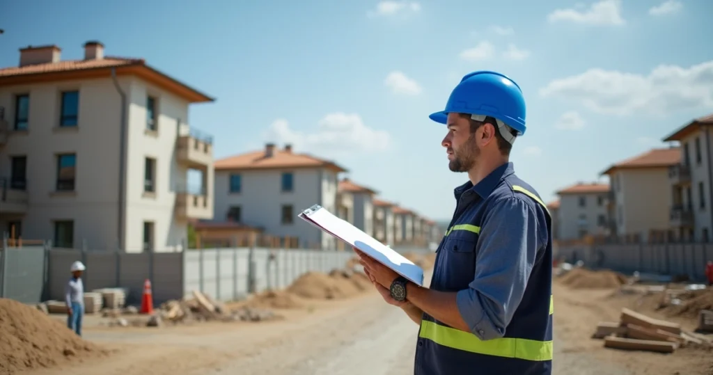 Engenheiro com capacete azul e prancheta vistoriando obra em área urbana com prédios e casas ao fundo