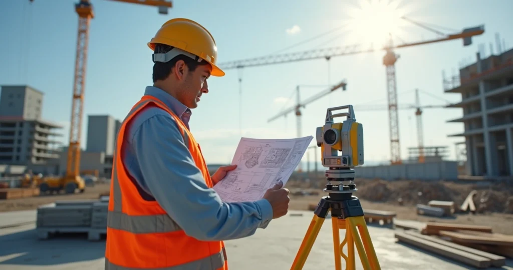 Engenheiro técnico analisando planta em canteiro de obra com equipamentos de medição precisos