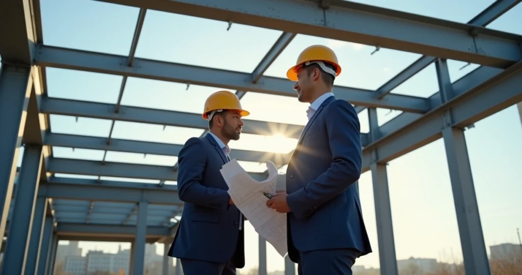 Engenheiro avaliando estrutura metálica de prédio com prancheta e equipamentos técnicos
