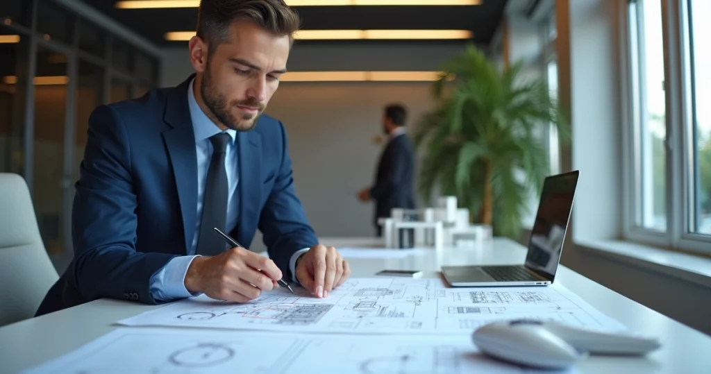 Engenheiro analisando minuciosamente um laudo técnico em mesa de trabalho moderna