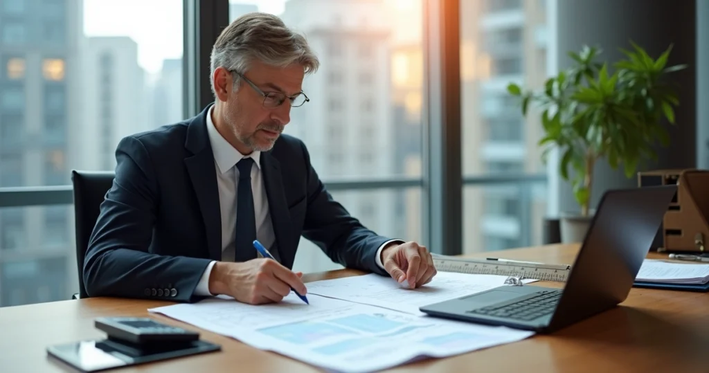 Engenheiro analisando laudo pericial com equipamentos técnicos sobre mesa de madeira escura
