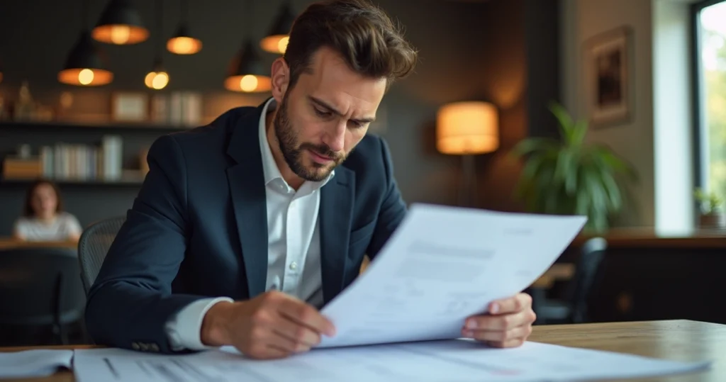 Engenheiro consultor revisando documentos técnicos detalhados em ambiente moderno e iluminado