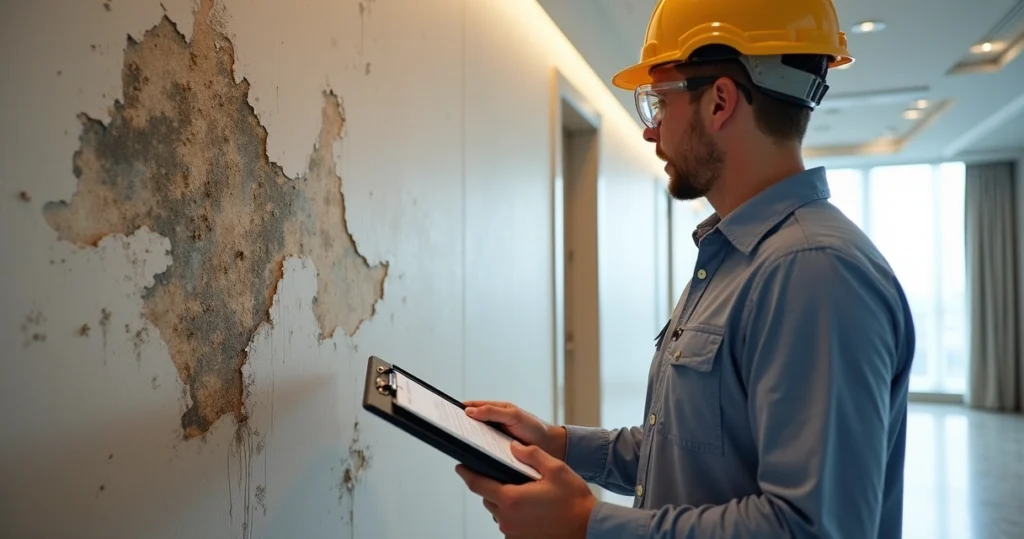 Parede interna de condomínio com manchas de infiltração e um técnico inspecionando com prancheta