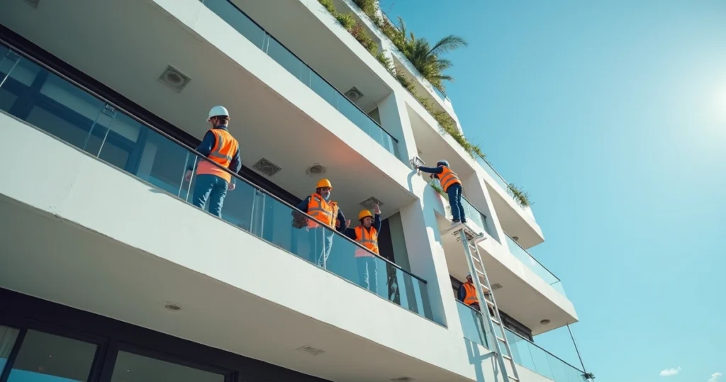 Vista externa de prédio residencial com técnicos realizando inspeção predial, equipamentos profissionais e detalhes arquitetônicos nítidos