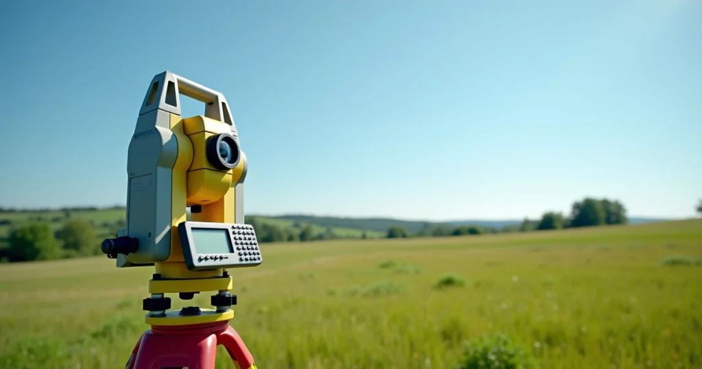 Equipamento moderno de topografia instalado em área rural com campo aberto e céu azul