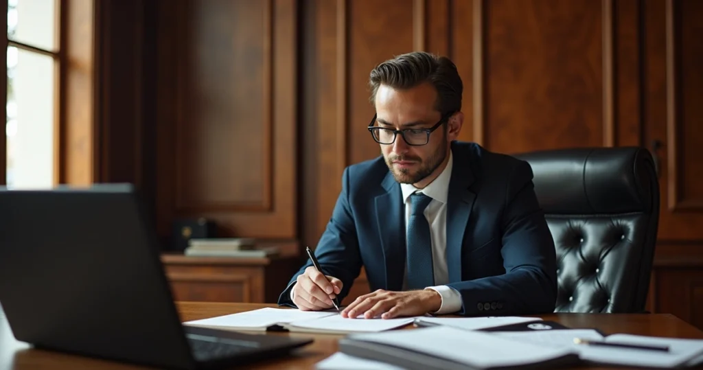 Perito e assistente técnico em ambiente de tribunal analisando documentos técnicos lado a lado