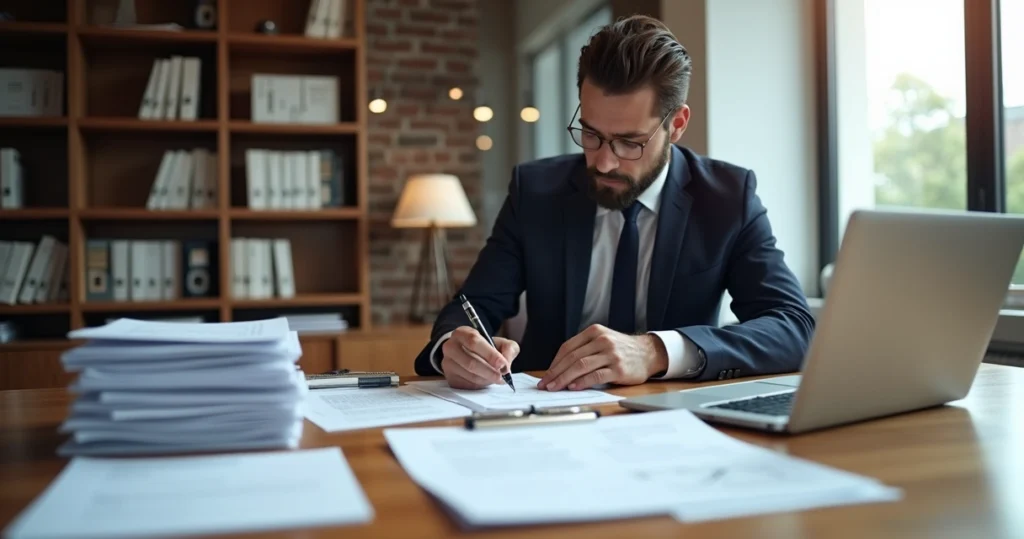 Engenheiro perito escrevendo perguntas técnicas em documento sobre mesa de escritório com laptop e pilhas de papéis