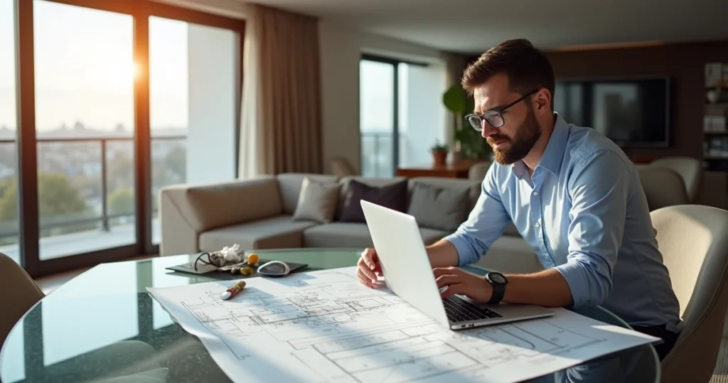 Engenheiro consultivo analisando plantas técnicas em apartamento moderno para laudo de reforma