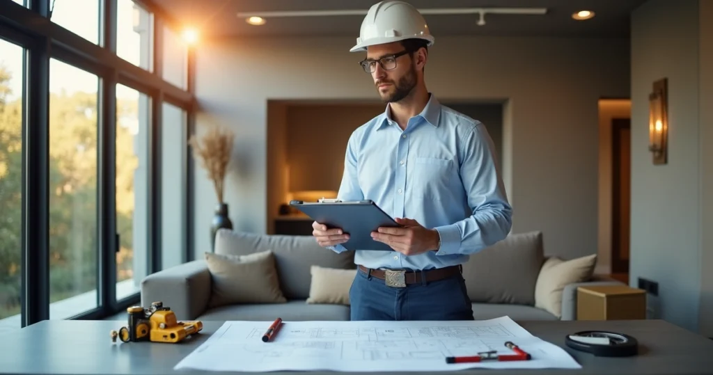 Engenheiro realizando vistoria pericial detalhada em imóvel residencial moderno com prancheta e equipamentos técnicos