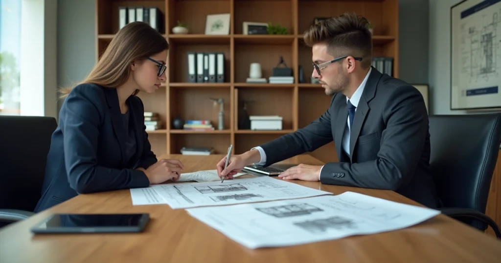 Advogado iniciante em reunião com assistente técnico de engenharia analisando laudos em escritório moderno