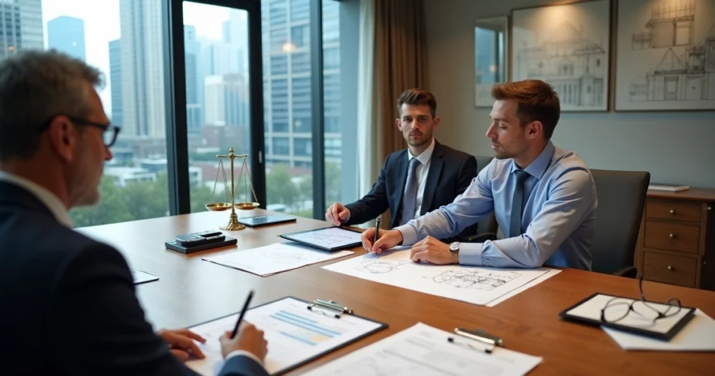 Engenheiro analisando documentos técnicos ao lado de advogado em mesa de reunião