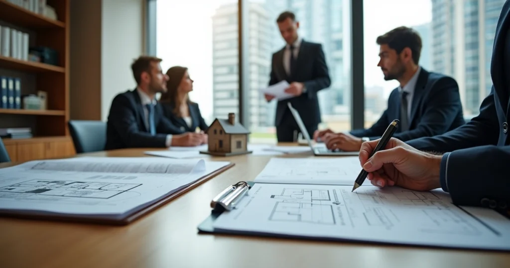 Perito avaliador analisando imóvel com casal e advogado ao fundo