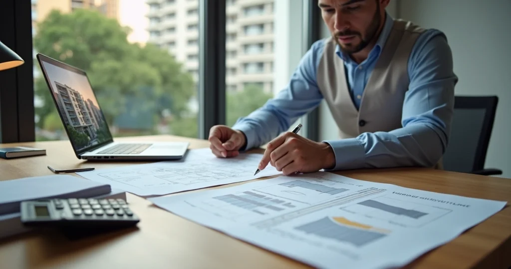 Engenheiro avaliando imóvel com plantas e normas técnicas sobre a mesa