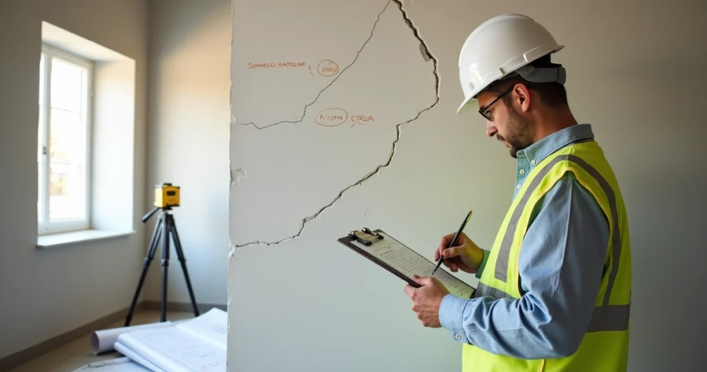 Engenheiro civil analisando fissuras e trincas em parede de alvenaria