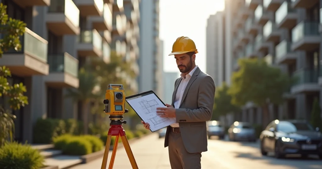 Engenheiro avaliando imóvel com planta e tablet em frente a prédio residencial