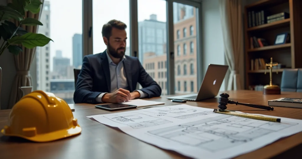 Engenheiro analisando documentos de avaliação de imóvel em ambiente jurídico