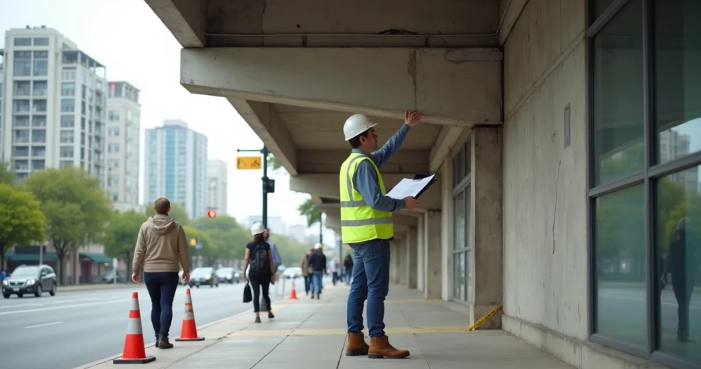Engenheiro vistoriando marquise de concreto com prancheta e capacete