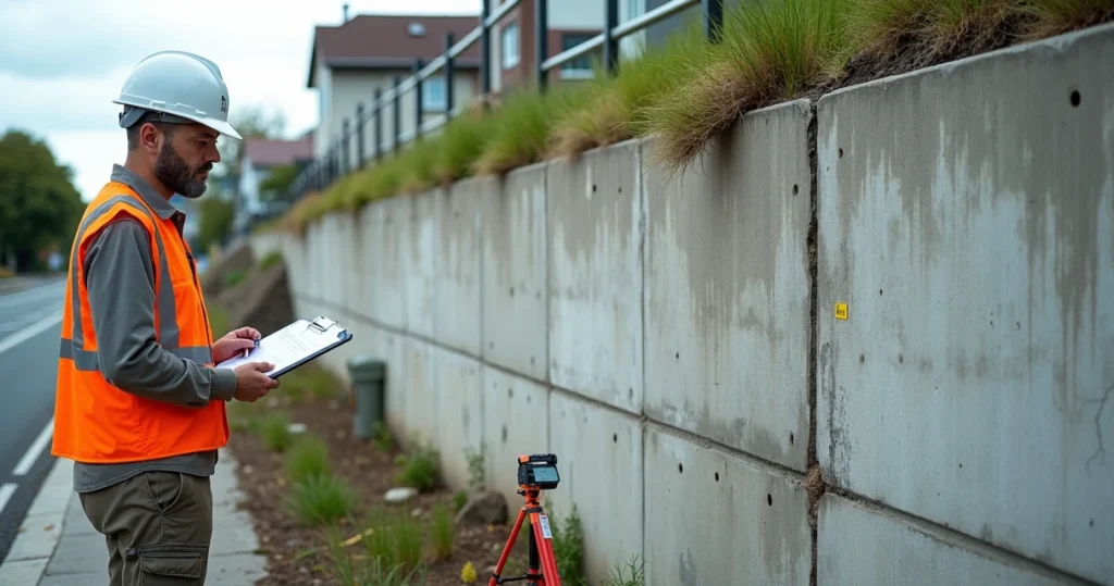 Engenheiro avaliando muro de arrimo de concreto em terreno inclinado com prancheta na mão
