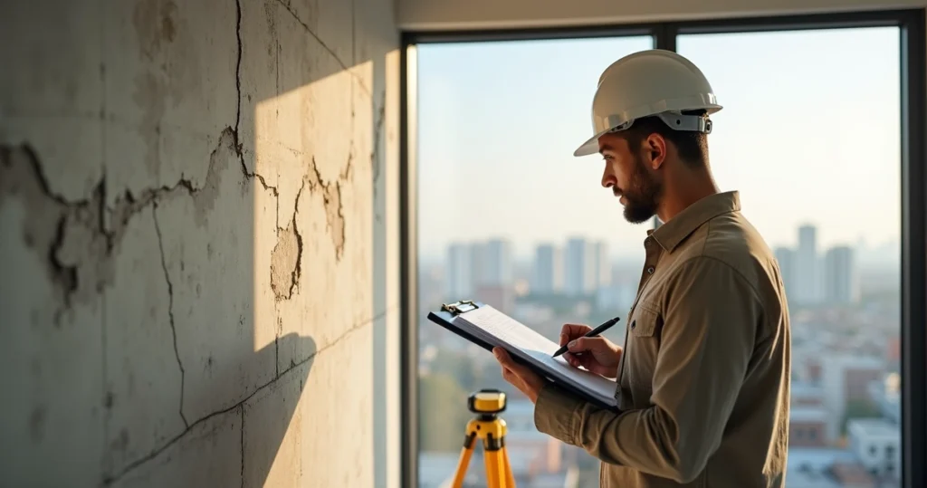Engenheiro vistoriando parede com trincas e registrando vícios construtivos em prancheta