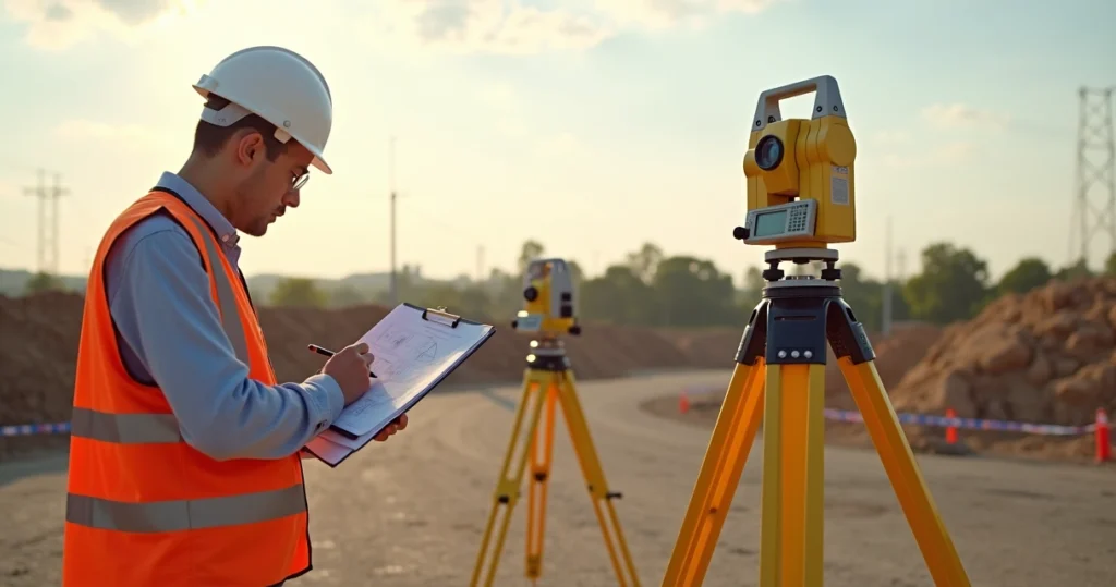 Engenheiro realizando levantamento topográfico em campo com estação total e paisagem ao fundo