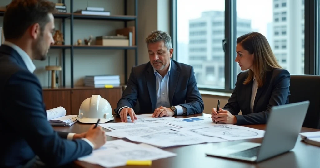 Engenheiro perito explica laudo técnico a advogada em reunião de perícia judicial