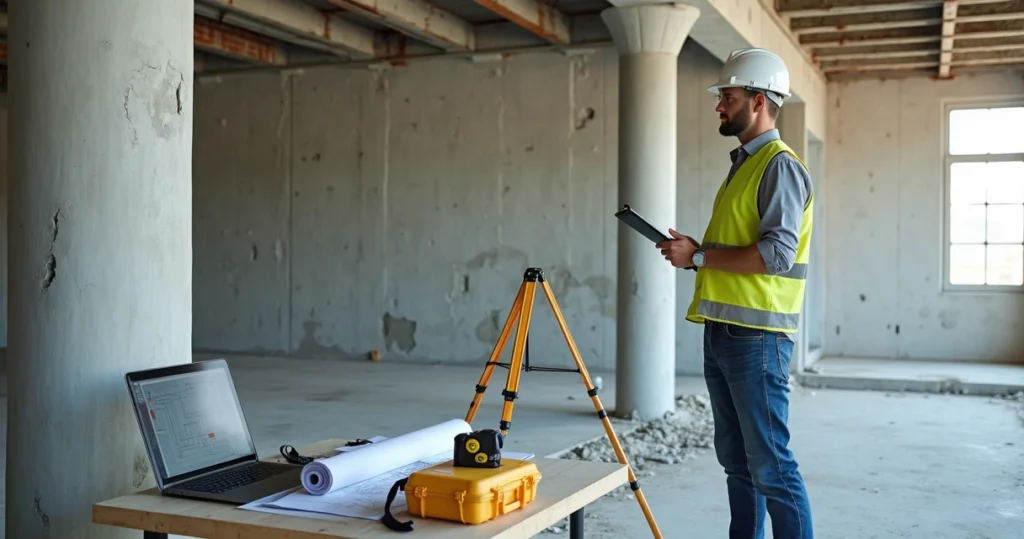 Engenheiro perito vistoriando fissuras em parede de obra mal executada com prancheta e capacete